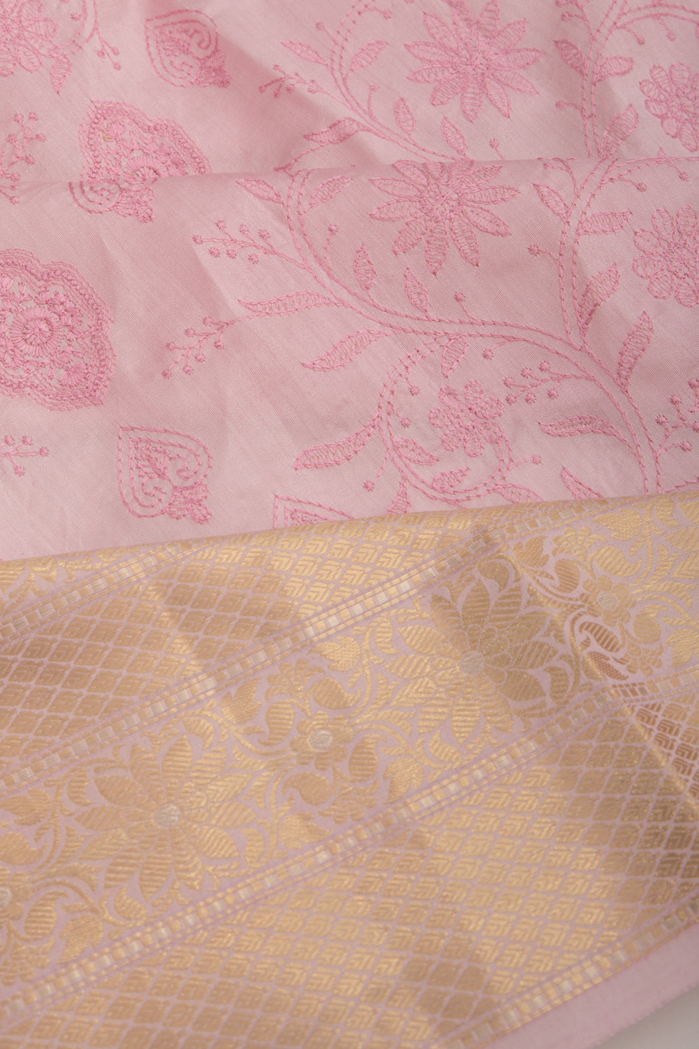 Munga Tussar Floral Embroidery Baby Pink Saree