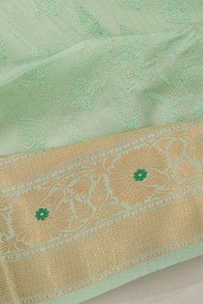 Chanderi Silk Floral Embroidery Sea Green Saree