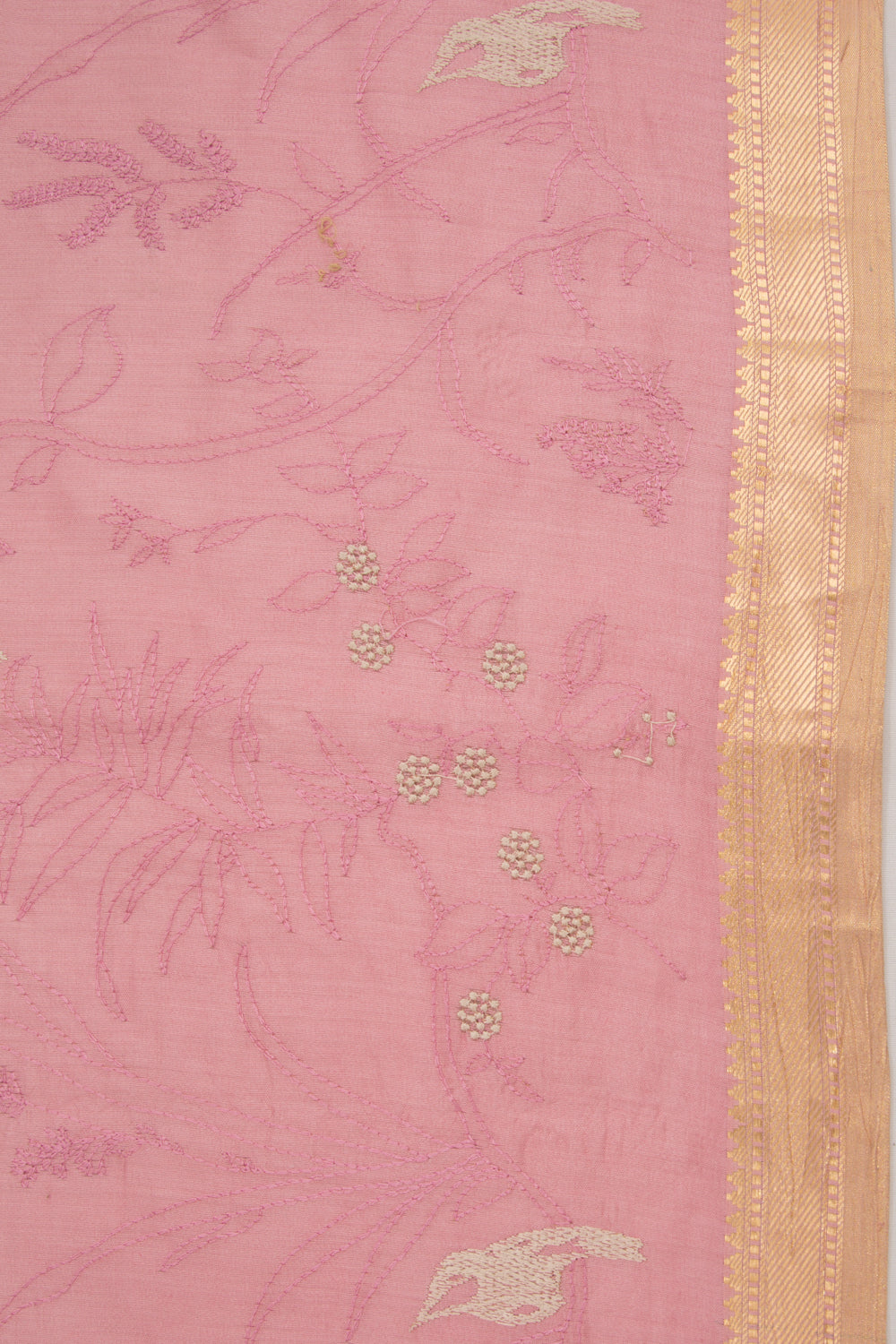 Tussar Floral Embroidery Pink Saree