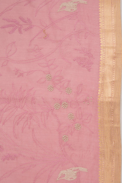 Tussar Floral Embroidery Pink Saree
