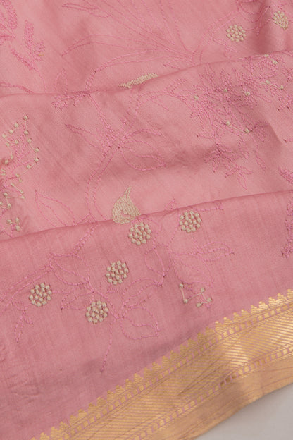 Tussar Floral Embroidery Pink Saree