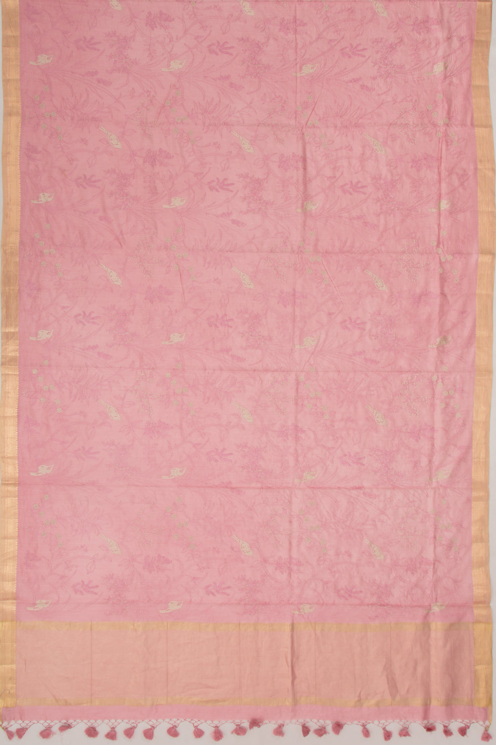 Tussar Floral Embroidery Pink Saree