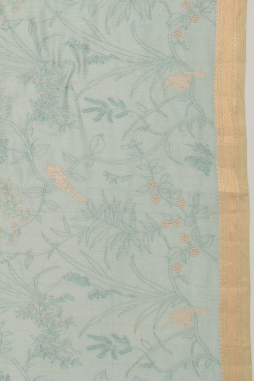 Tussar Floral Embroidery Pastel Green Saree