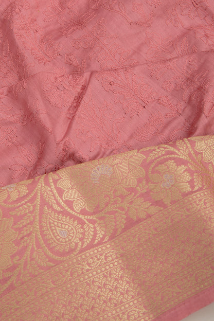 Tussar Floral Embroidery Pink Saree