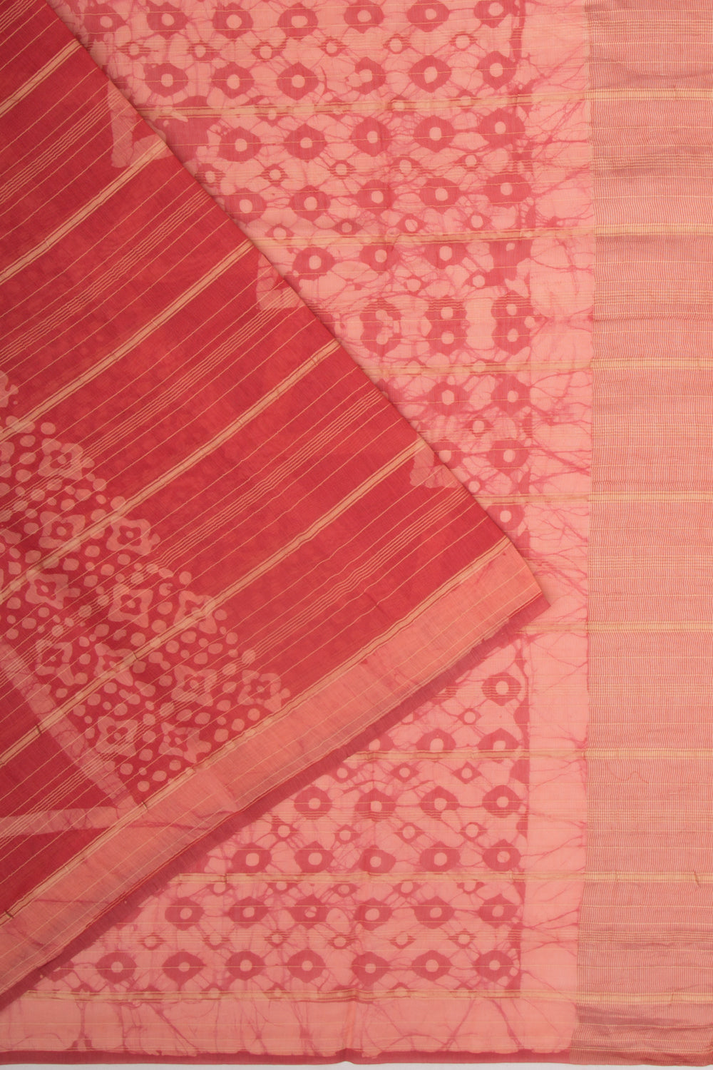 Chanderi Silk Batik Printed And Lines Redish Pink Saree