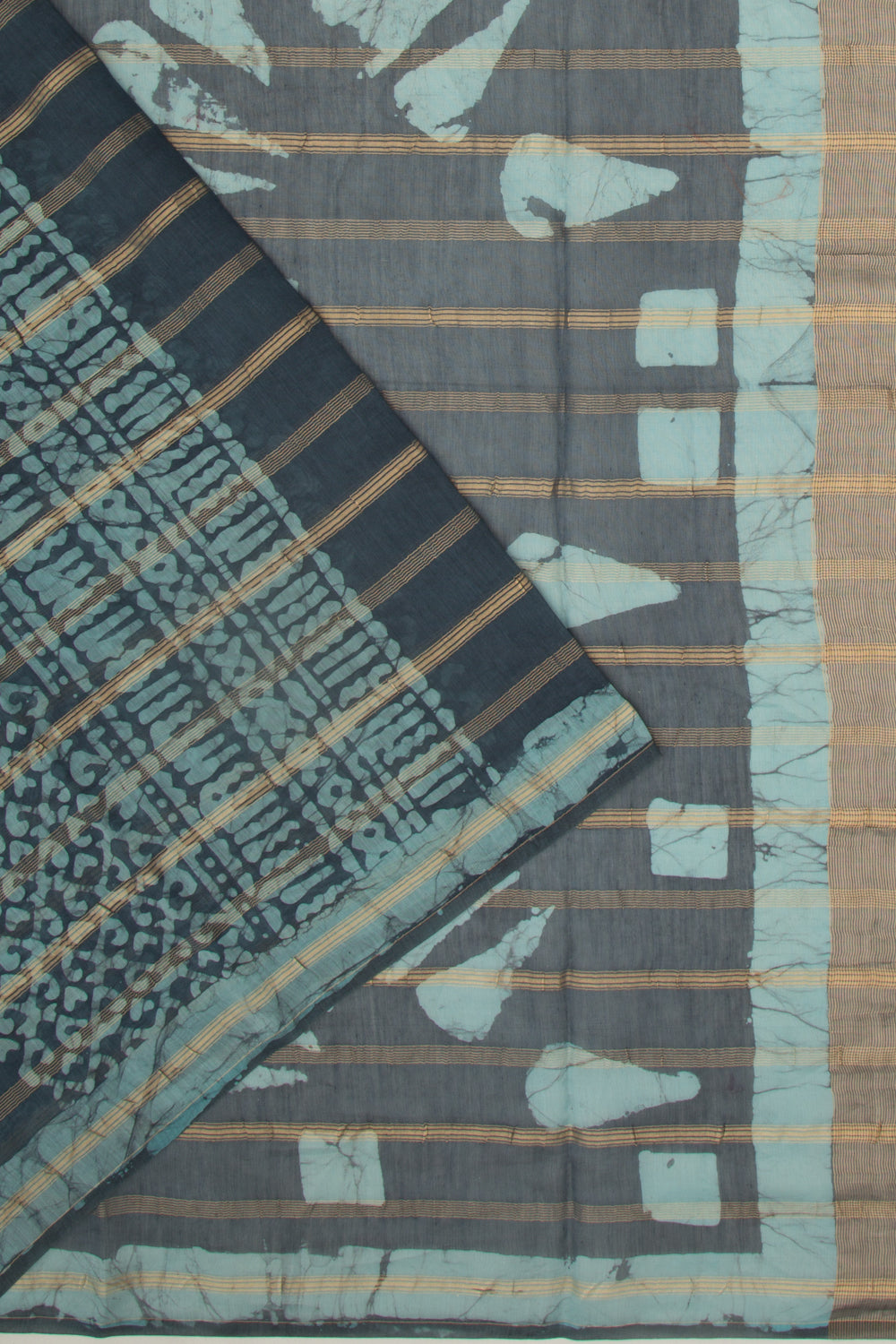 Chanderi Silk Batik Printed And Lines Blue Saree