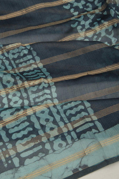 Chanderi Silk Batik Printed And Lines Blue Saree