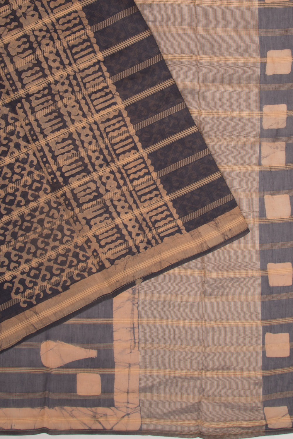 Chanderi Silk Batik Printed And Lines Black And Cream Saree