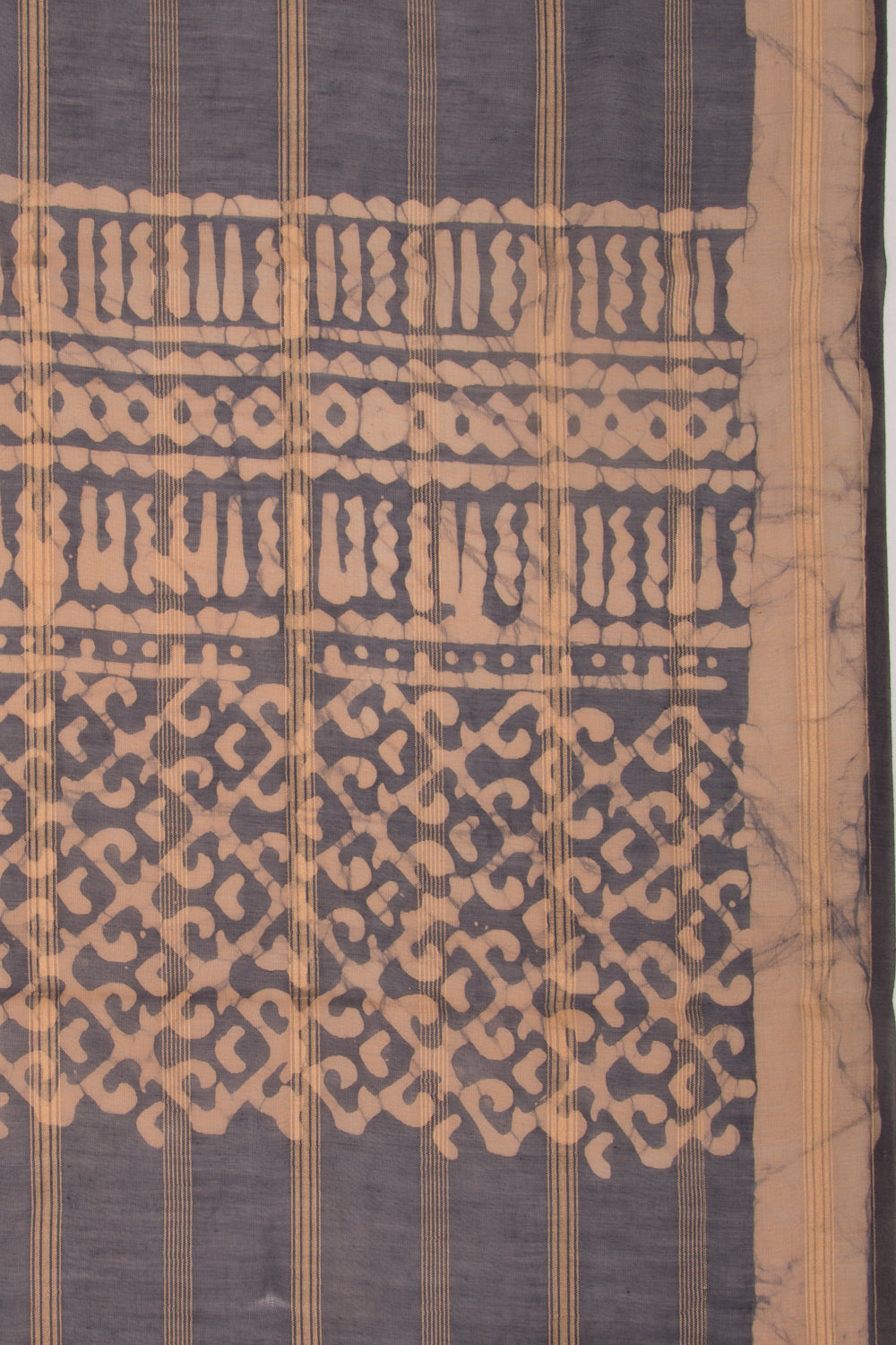 Chanderi Silk Batik Printed And Lines Black And Cream Saree