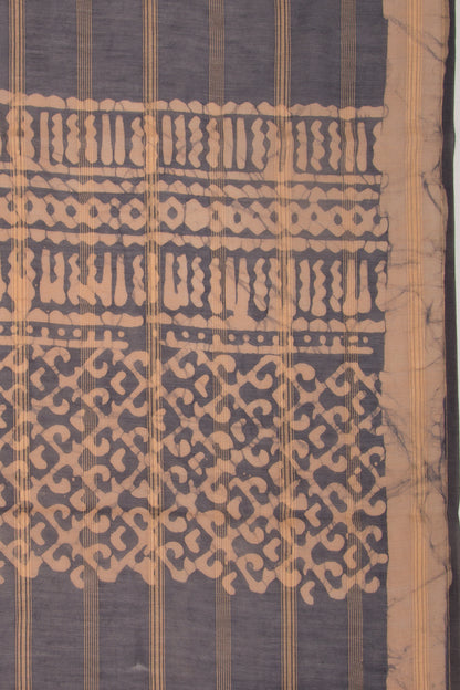 Chanderi Silk Batik Printed And Lines Black And Cream Saree