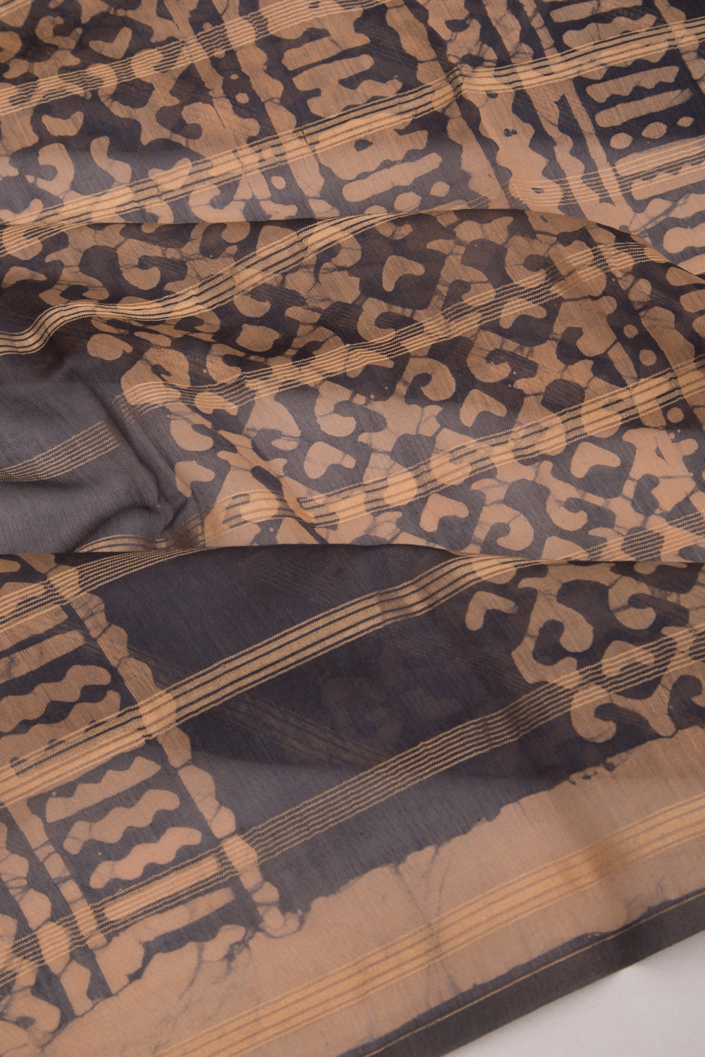 Chanderi Silk Batik Printed And Lines Black And Cream Saree