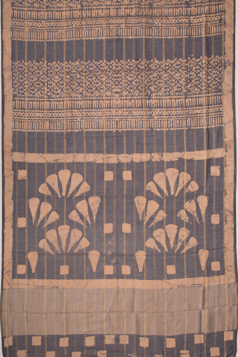 Chanderi Silk Batik Printed And Lines Black And Cream Saree