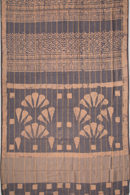 Chanderi Silk Batik Printed And Lines Black And Cream Saree