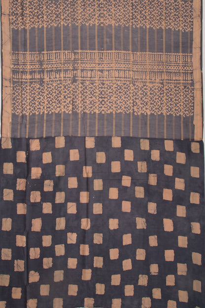 Chanderi Silk Batik Printed And Lines Black And Cream Saree