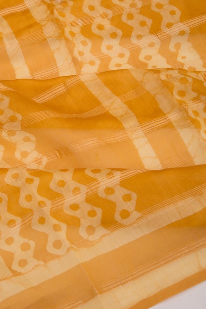 Chanderi Silk Batik Printed And Lines Mustard Yellow Saree