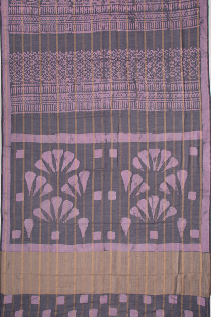 Chanderi Silk Batik Printed And Lines Blue And Purple Saree