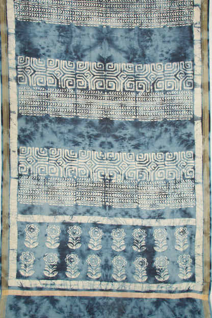 Chanderi Silk Batik Printed Blue Saree