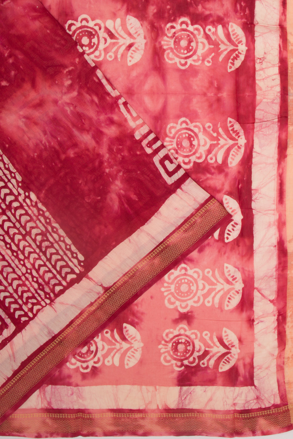 Chanderi Silk Batik Printed Redish Pink Saree