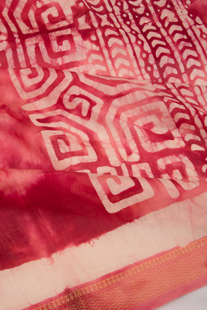 Chanderi Silk Batik Printed Redish Pink Saree