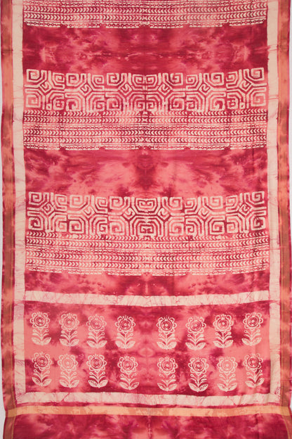 Chanderi Silk Batik Printed Redish Pink Saree
