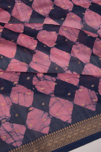 Chanderi Silk Batik Printed And Butta Pink And Blue Saree