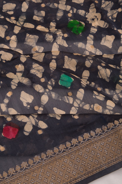 Chanderi Silk Batik Printed And Butta Dark Blue Saree