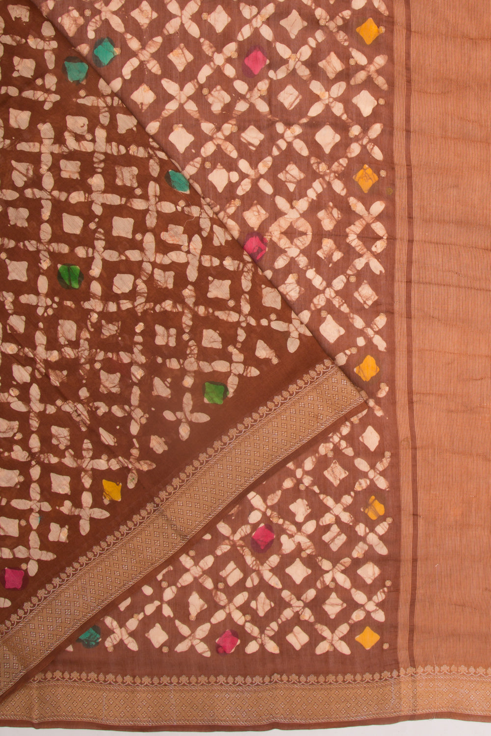 Chanderi Silk Batik Printed And Butta Brown Saree