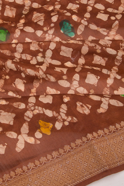 Chanderi Silk Batik Printed And Butta Brown Saree
