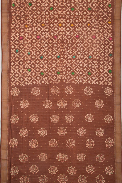 Chanderi Silk Batik Printed And Butta Brown Saree