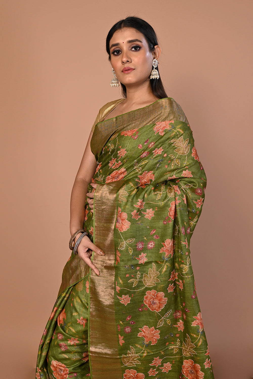 Tussar Floral Printed And Embroidery Green Saree