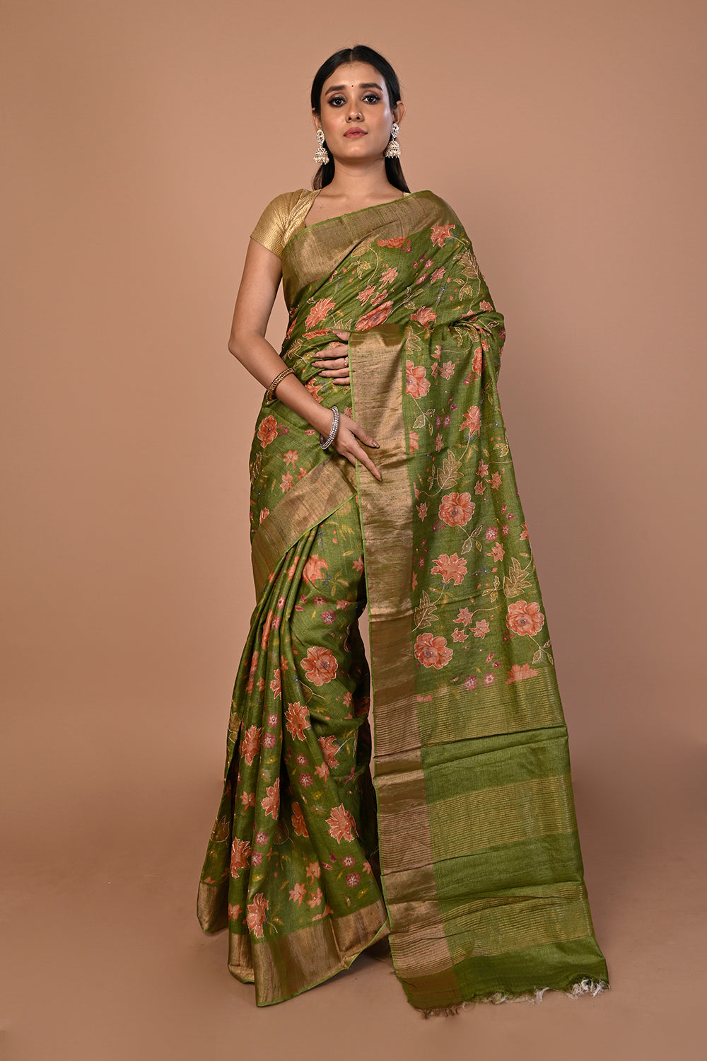 Tussar Floral Printed And Embroidery Green Saree