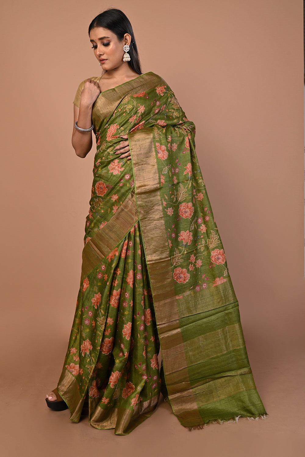 Tussar Floral Printed And Embroidery Green Saree
