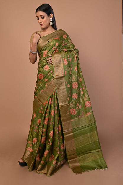 Tussar Floral Printed And Embroidery Green Saree
