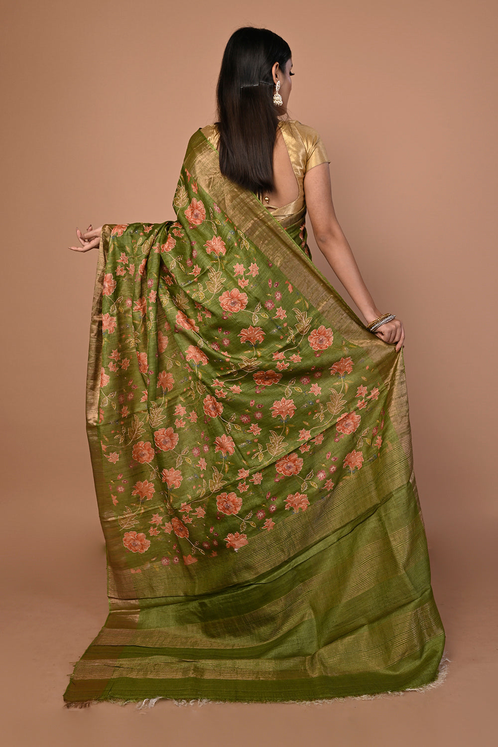 Tussar Floral Printed And Embroidery Green Saree
