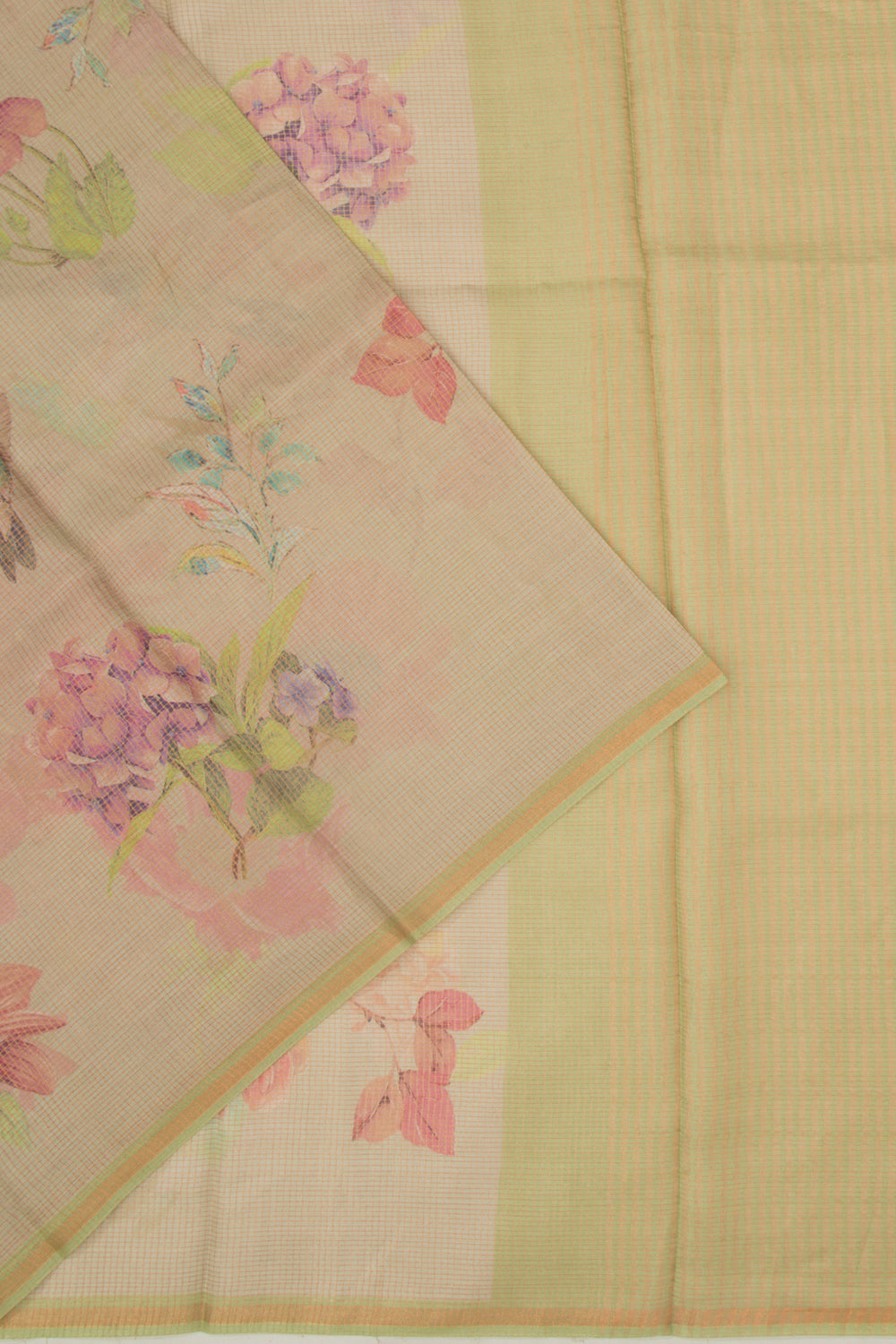 Organza Checks And Floral Printed Green Saree