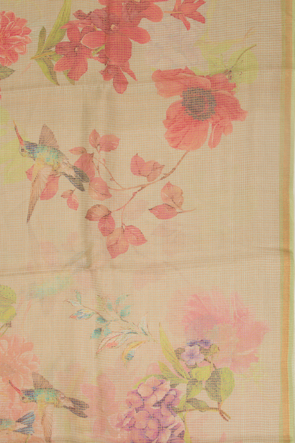 Organza Checks And Floral Printed Green Saree