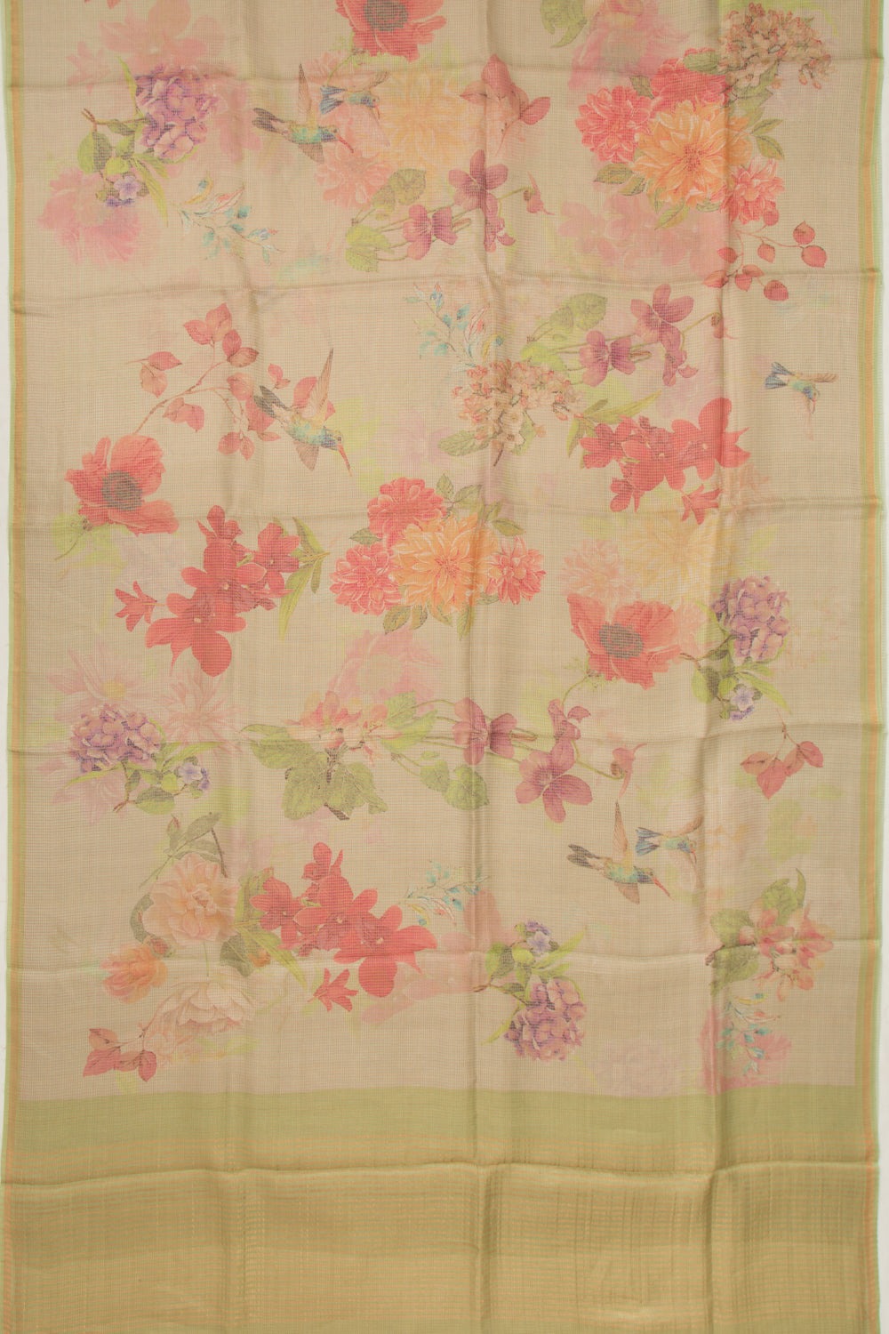 Organza Checks And Floral Printed Green Saree