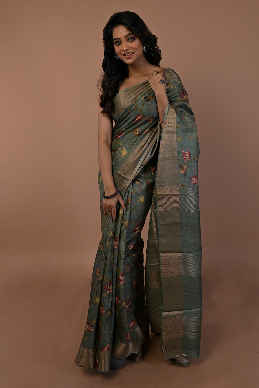Tussar Floral Printed Green Saree