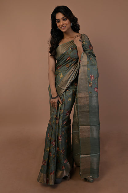 Tussar Floral Printed Green Saree
