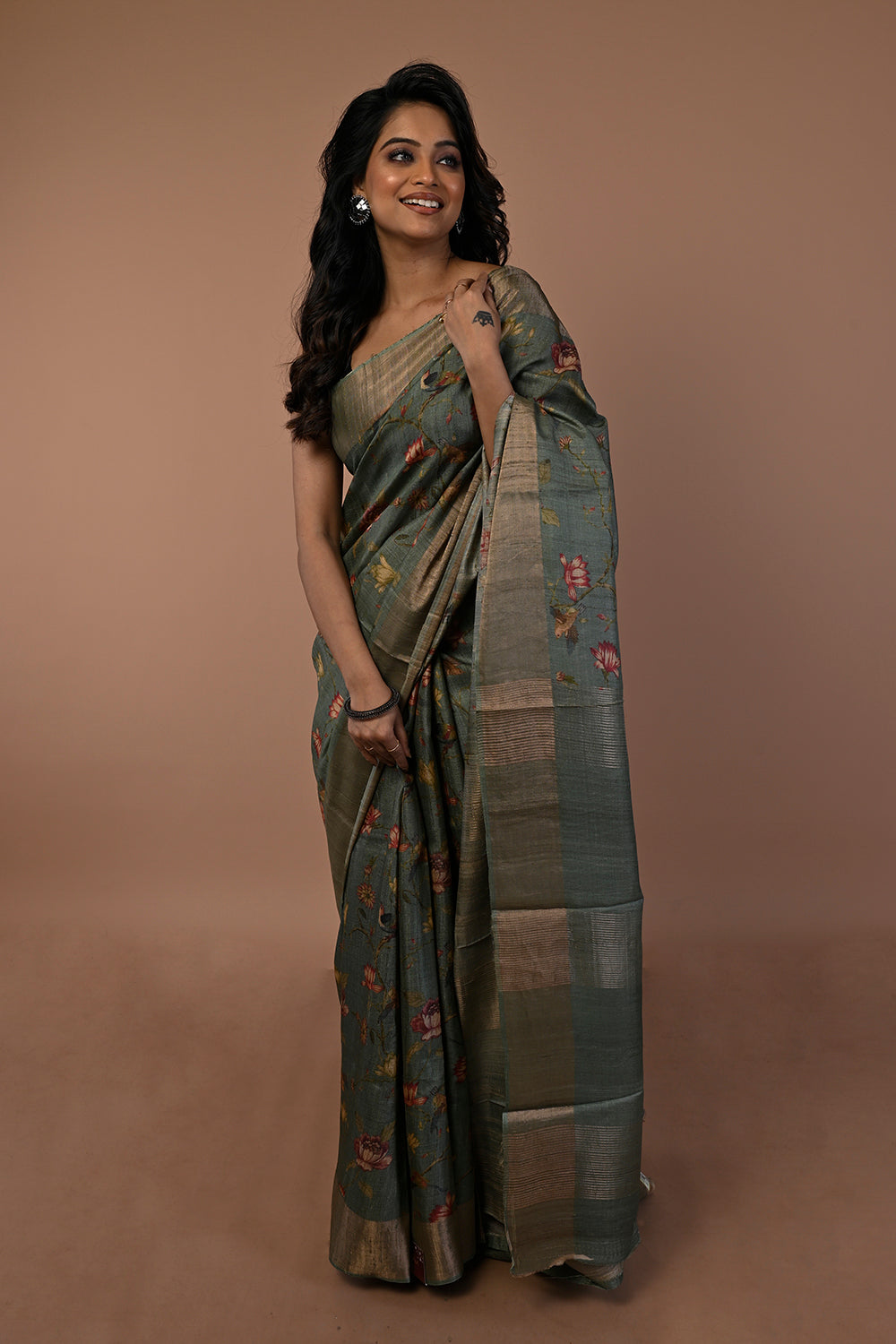 Tussar Floral Printed Green Saree