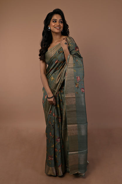 Tussar Floral Printed Green Saree