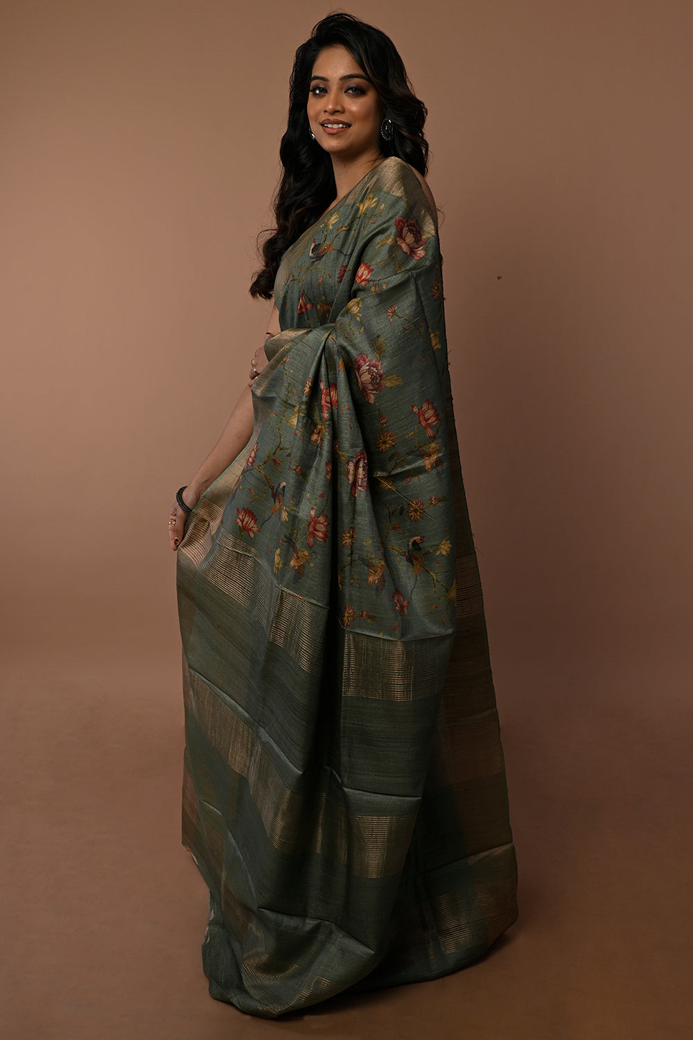 Tussar Floral Printed Green Saree