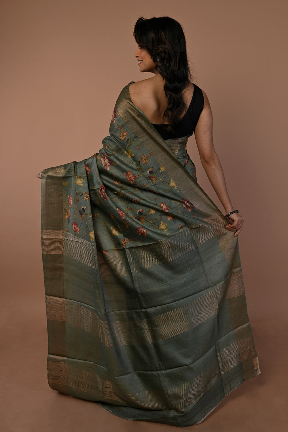 Tussar Floral Printed Green Saree