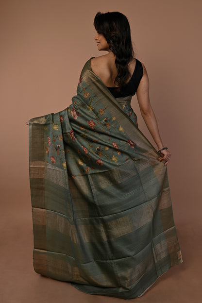 Tussar Floral Printed Green Saree