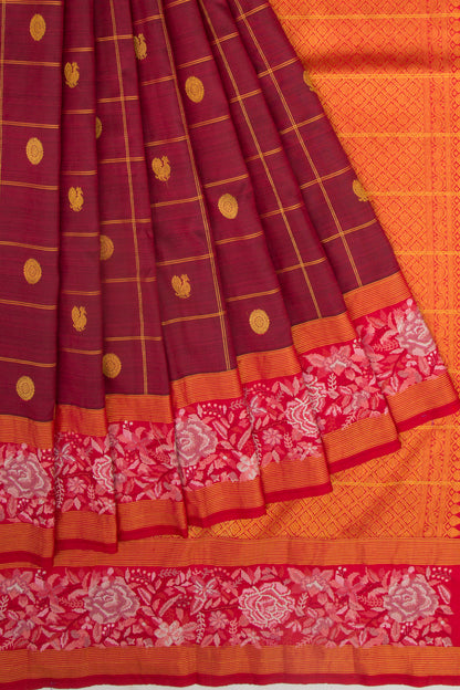 Kanchipuram Silk Checks And Butta Maroon Saree