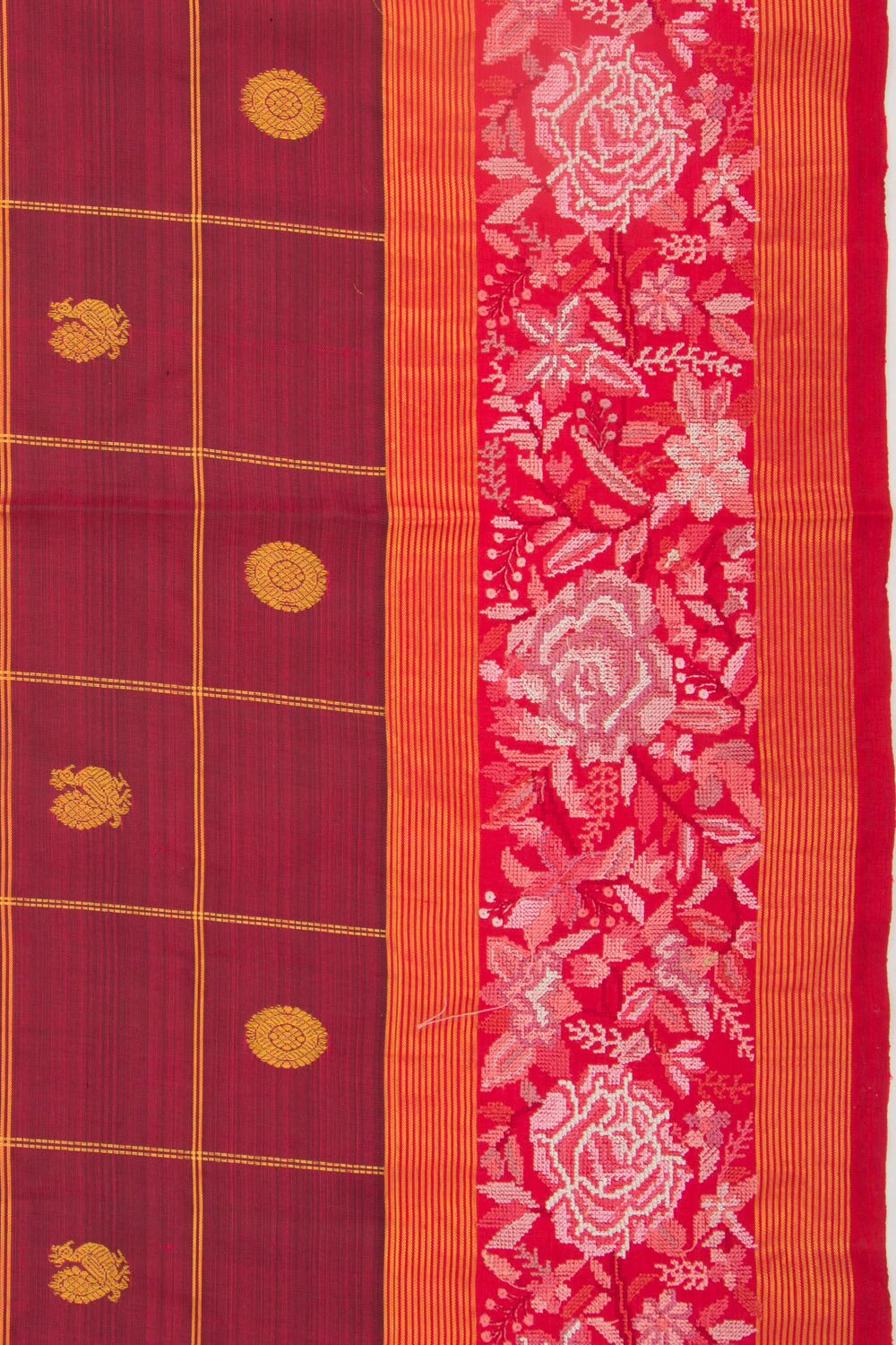 Kanchipuram Silk Checks And Butta Maroon Saree