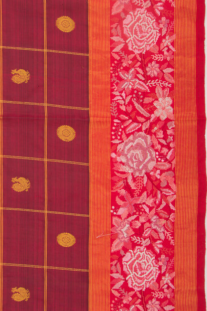 Kanchipuram Silk Checks And Butta Maroon Saree