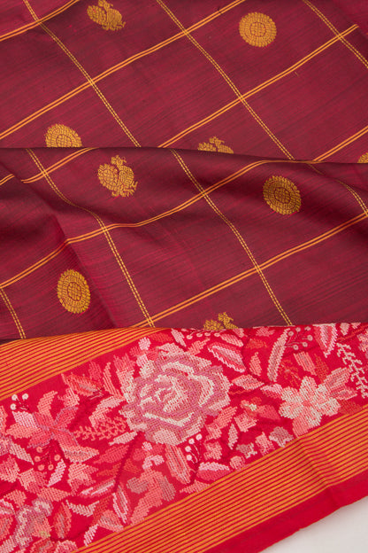 Kanchipuram Silk Checks And Butta Maroon Saree