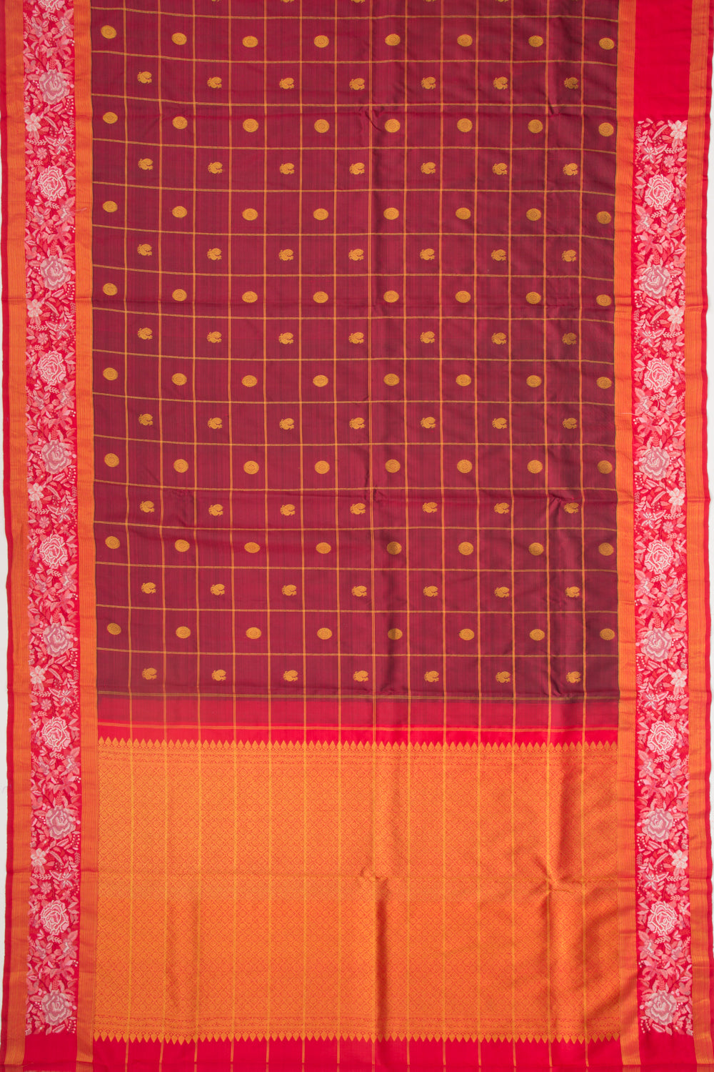 Kanchipuram Silk Checks And Butta Maroon Saree