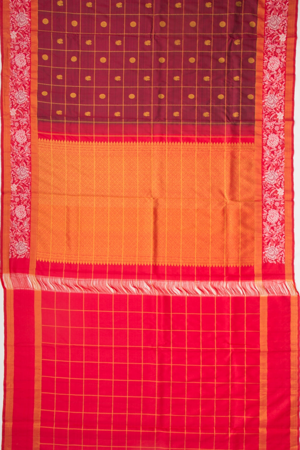 Kanchipuram Silk Checks And Butta Maroon Saree